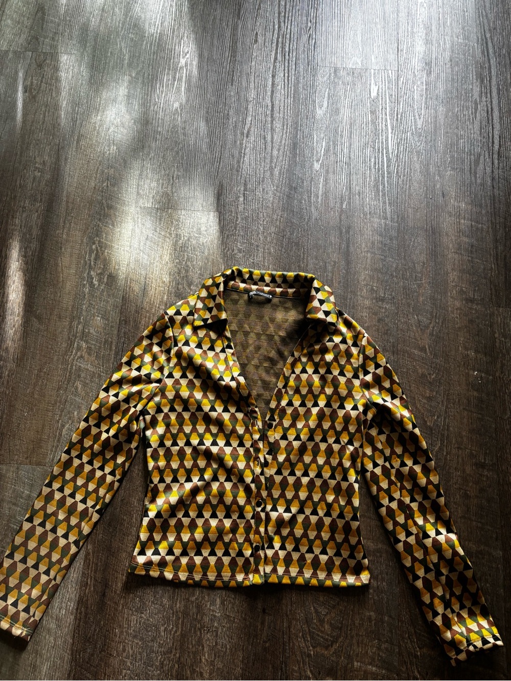 Zara Geometric Print Blazer in Mustard Yellow and Brown